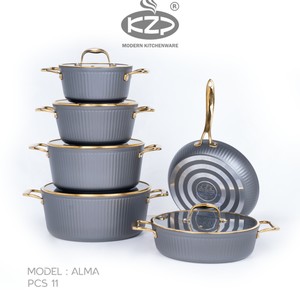 سرویس قابلمه KZP کالکشن آلما ۱۱ پارچه رنگ طوسی دستگیره طلایی