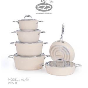 سرویس قابلمه KZP کالکشن آلما ۱۱ پارچه رنگ کرم دستگیره نقره ای