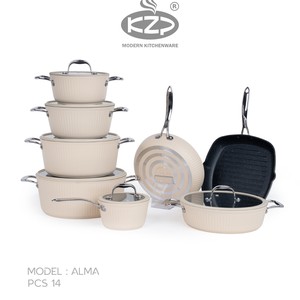 سرویس قابلمه KZP کالکشن آلما ۱۴پارچه درب سیلیکونی رنگ کرم دستگیره نقره ای