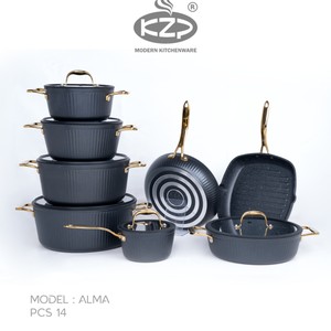 سرویس قابلمه KZP کالکشن آلما ۱۴پارچه درب سیلیکونی رنگ مشکی دستگیره طلایی