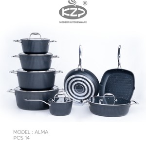 سرویس قابلمه KZP کالکشن آلما ۱۴پارچه رنگ مشکی دستگیره نقره ای