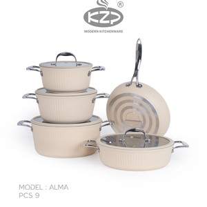 سرویس قابلمه KZP کالکشن آلما ۹ پارچه درب سیلیکونی رنگ کرم دستگیره نقره ای