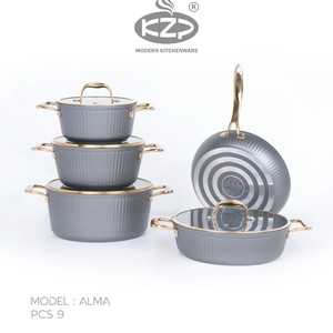 سرویس قابلمه KZP کالکشن آلما ۹ پارچه رنگ طوسی دستگیره طلایی