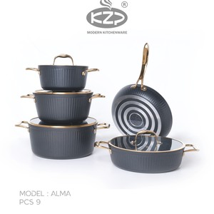 سرویس قابلمه KZP کالکشن آلما ۹ پارچه رنگ مشکی دستگیره طلایی