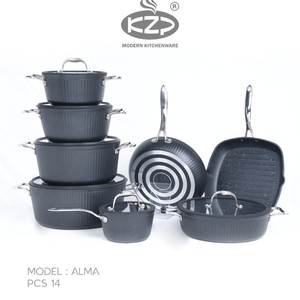 سرویس قابلمه KZP کالکشن آلما ۱۴پارچه درب سیلیکونی رنگ مشکی دستگیره نقره ای