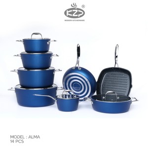 سرویس قابلمه KZP کالکشن آلما ۱۴پارچه رنگ آبی دستگیره نقره ای