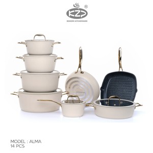 سرویس قابلمه KZP کالکشن آلما ۱۴پارچه درب سیلیکونی رنگ کرم دستگیره طلایی