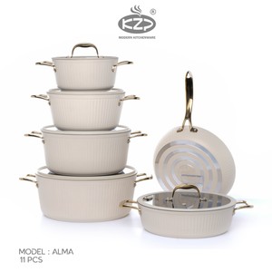 سرویس قابلمه KZP کالکشن آلما ۱۱ پارچه درب سیلیکونی رنگ کرم دستگیره طلایی