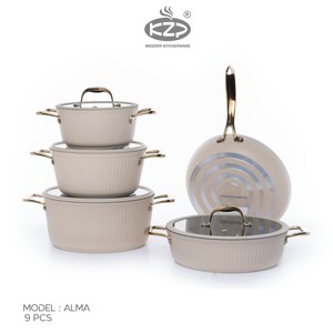سرویس قابلمه KZP کالکشن آلما ۹ پارچه درب سیلیکونی رنگ کرم دستگیره طلایی