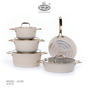 سرویس قابلمه KZP کالکشن آلما ۹ پارچه رنگ کرم دستگیره طلایی