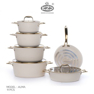 سرویس قابلمه KZP کالکشن آلما ۱۱ پارچه رنگ کرم دستگیره طلایی